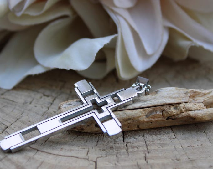Mens cross necklace. Men's crucifix. Men's stainless steel cross. Cross pendant. Religious jewellery.