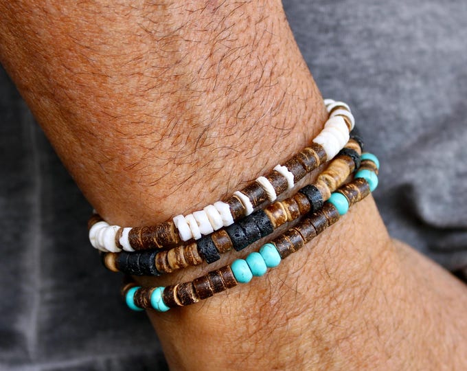 Mens bracelet set. Mens beaded bracelet. Bracelet stack. Surfer style bracelet. Mens stacking bracelets.Mens stretch bracelet. Boho bracelet