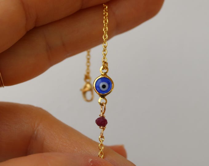 Gold Filled Evil Eye Bracelet with Birthstone . Dainty Blue Eye Jewelry