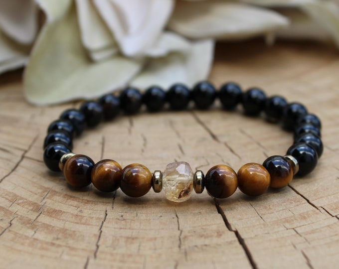 Black Onyx Tiger's Eye Citrine Beaded Stretch Bracelet, Protection Abundance Jewelry. 6mm beads.