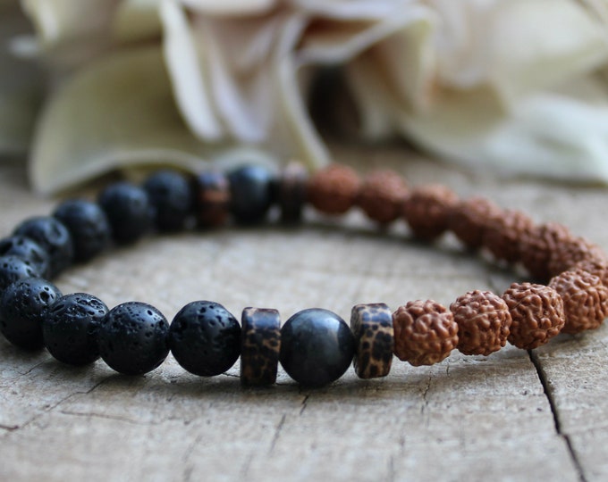 Rudraksha, lava rock and larvikite mala bracelet. Sacred rudraksha bracelet. Protection, grounding. Stretch bracelet men.