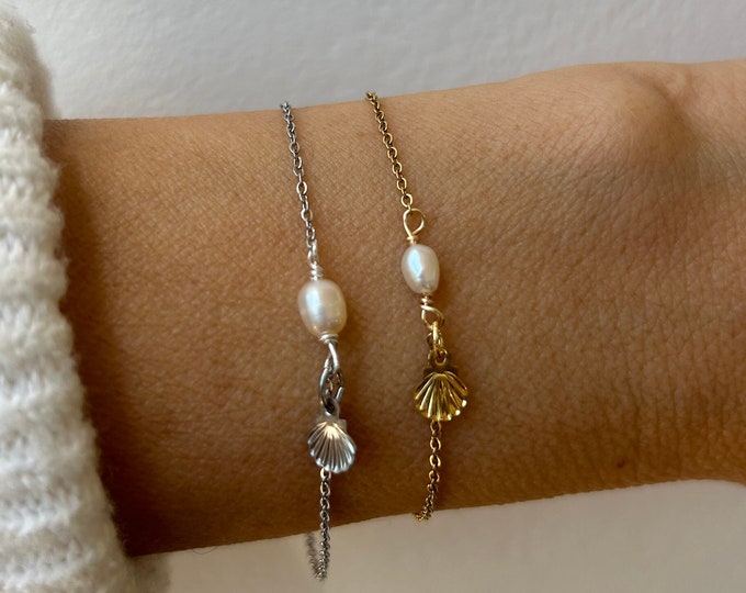 Dainty Pearl Bracelet: Stainless Steel Shell Charm, June Birthstone