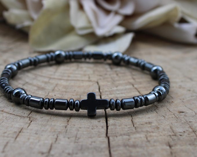 Mens beaded cross bracelet. Hematite cross bracelet. Stretch bracelet for men. 4mm beads.
