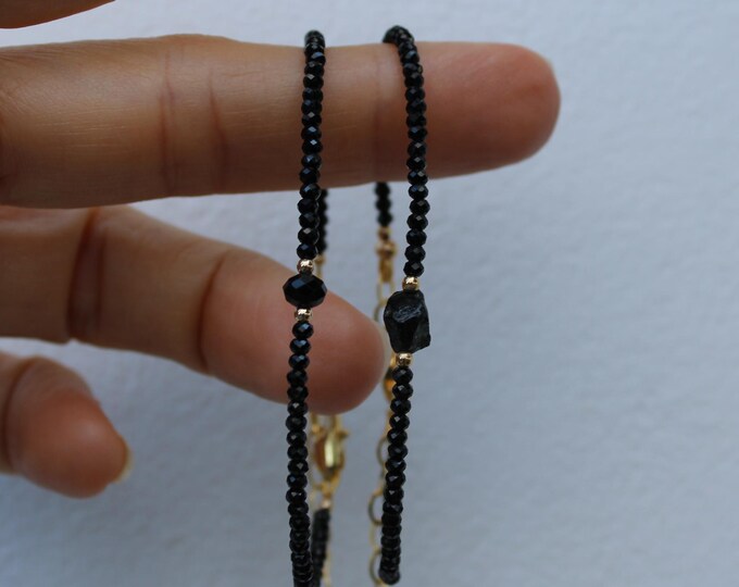 Black Tourmaline Beaded Bracelet: Gold Filled, Sterling Silver