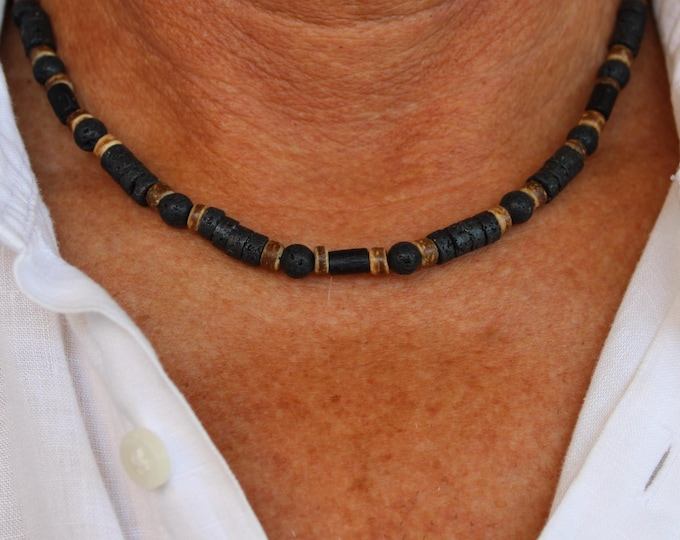 Mens lava rock necklace. Lava rock heishi necklace. Black beaded necklace. Lava and coconut surfer style necklace.