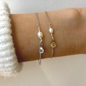 Bracelet de perles délicates : breloque coquillage en acier inoxydable, pierre de naissance juin