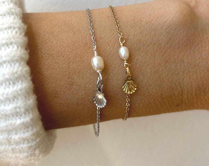 Dainty Pearl Bracelet: Stainless Steel Shell Charm, June Birthstone