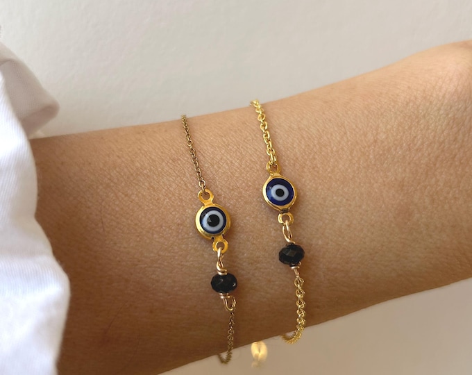 Gold Filled Evil Eye Bracelet, Black Tourmaline Protection Chain. Stainless steel option