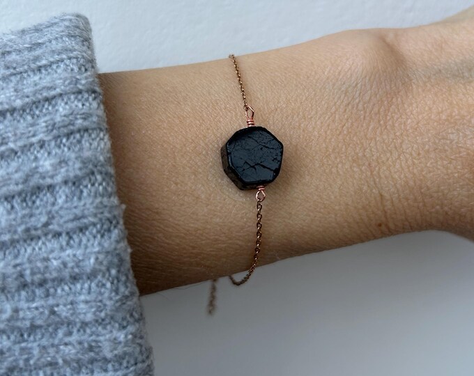 Black Tourmaline slab bracelet. Empath protection. Stainless Steel Chain