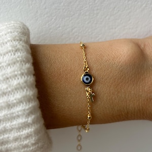 Evil eye and cross bracelet  .Blue evil eye bracelet. Gold filled evil eye bracelet with tiny cross. Greek mati bracelet. Satellite chain