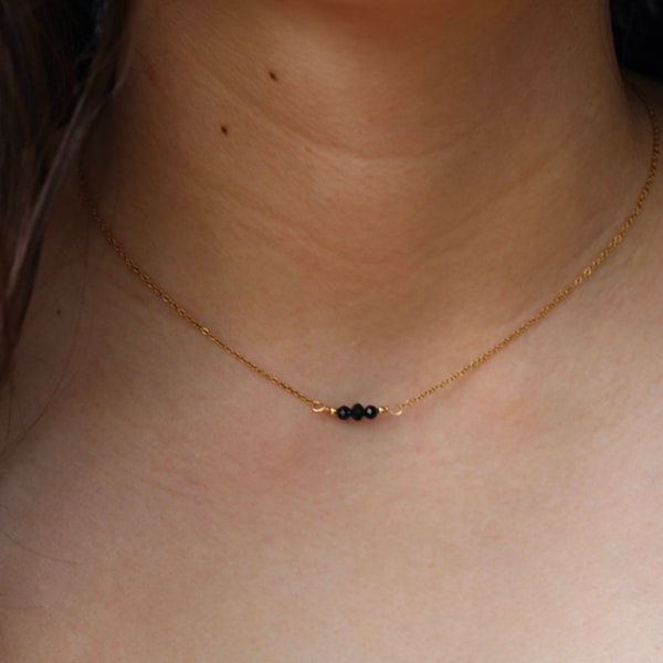 Black tourmaline necklace. Black tourmaline choker.  October birthstone. Empath protection. Gold, silver, rose gold chain