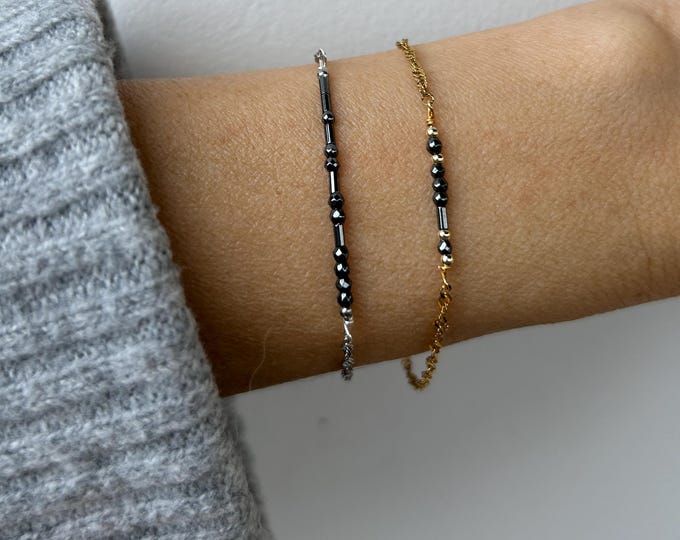 Personalized Morse Code Bracelet, Hematite Beads, Stainless Steel Chain