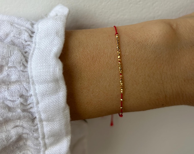 Red silk cord bracelet. 24k gold vermeil silk bracelet. Pure silk cord bracelet with Karen hill beads. Beaded silk bracelet. 11 colours