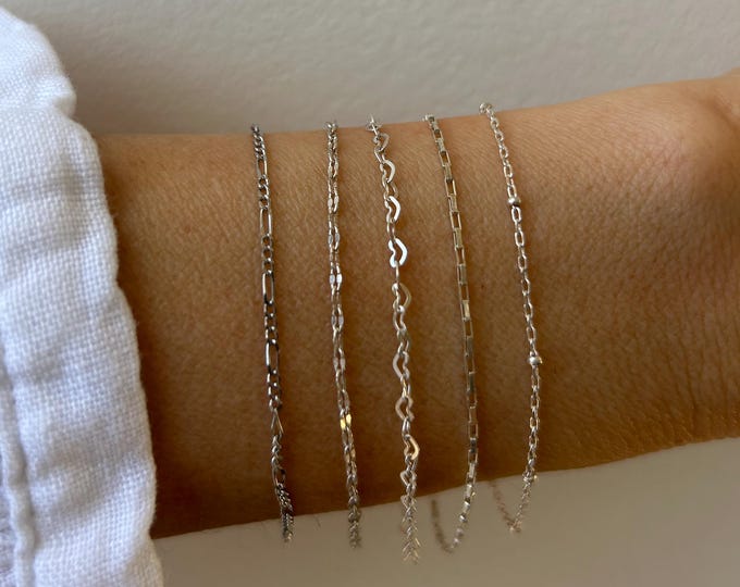 Minimalist bracelet. Dainty sterling silver chain bracelet.  Thin chain bracelet. Satellite, heart, figaro, sequin, box chain, wave chain