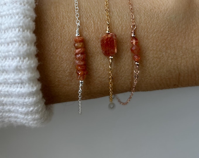 Sunstone bracelet.  Sunstone nugget bracelet. Sunstone bar bracelet. Joy and optimism. Gold, silver, rose gold chain.