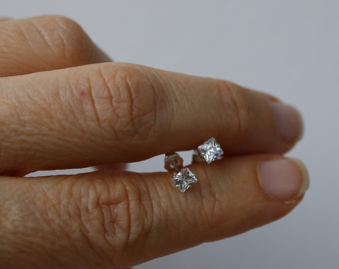 Sterling Silver Cubic Zirconia Ear Studs 4mm ~ PAIR. Princess cut