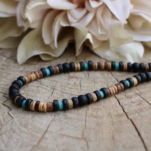 Mens beaded necklace. Mens turquoise necklace. Turquoise and black mens necklace. Surfer style necklace.