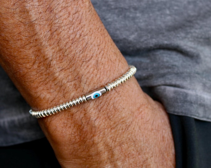Mens evil eye bracelet. Mens beaded evil eye bracelet. Protection bracelet. Silver beads.