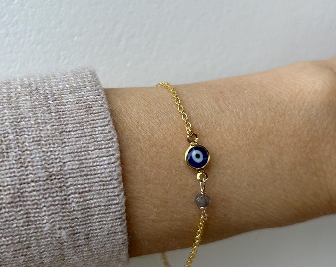 Gold Filled Evil Eye Bracelet with Birthstone . Dainty Blue Eye Jewelry