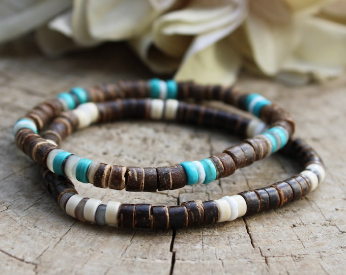 Mens Coconut Turquoise Bracelet: Heishi Beads, Shell Accent