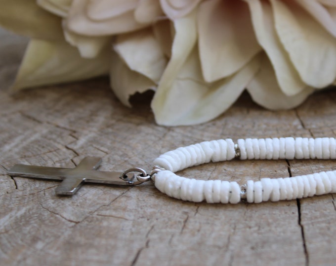Puka Shell Surfer Necklace. Stainless Steel Cross Pendant. Waterproof necklace.