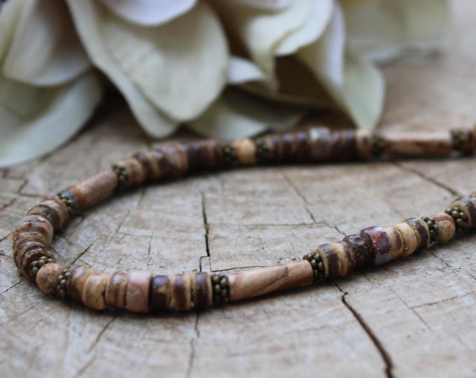 Mens beaded necklace. Mens necklace. Surfer style necklace. Mens coconut necklace. Mens picture jasper necklace.