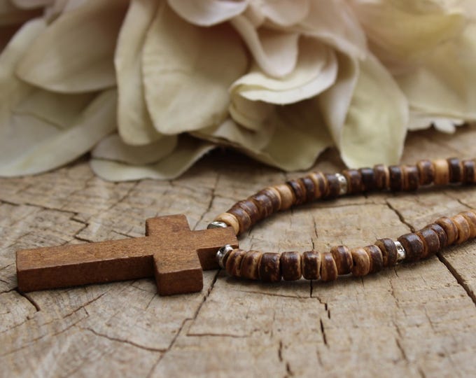 Mens beaded cross necklace.  Mens wood cross and coconut necklace. Surfer style necklace.