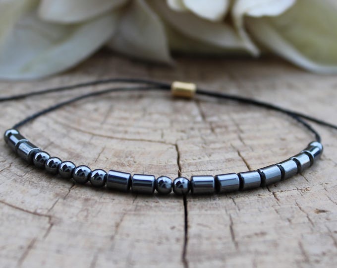Morse code bracelet for men. Custom morse code bracelet. Hematite beads. Adjustable.