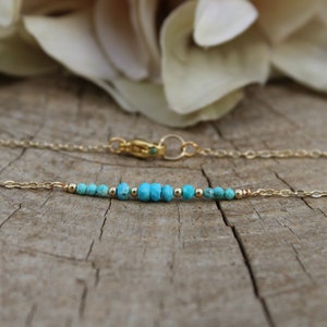 Genuine turquoise beaded bar necklace. Gold filled/sterling silver turquoise necklace. Turquoise gemstone bar necklace.