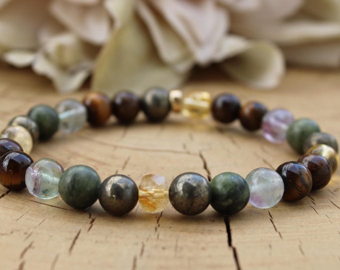 Abundance Gemstone Bracelet: Citrine, Jade, Tiger's Eye, Bronzite, Pyrite (6mm/8mm beads) Unisex