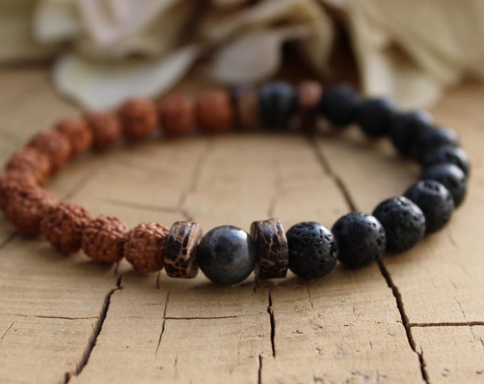 Rudraksha, lava rock and larvikite mala bracelet. Sacred rudraksha bracelet. Protection, grounding. Stretch bracelet men. 8mm beads.