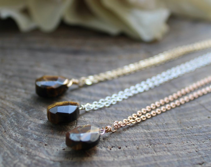 Tiger's eye teardrop necklace.  Protection, abundance and good luck necklace. Gold, silver, rose gold chain
