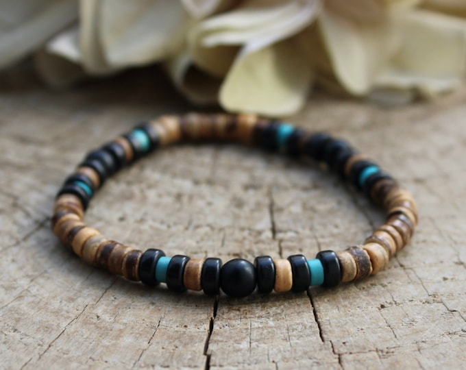 Men's Turquoise Coconut Beaded Bracelet, Surfer Style, Black Stone Accent