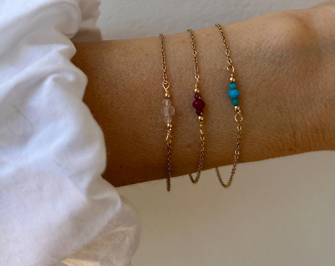 Dainty Gemstone Bracelet, Birthstone jewelry.  Gold Silver Rose Gold stainless steel Chain