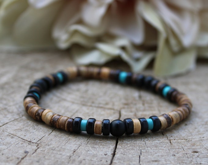 Mens turquoise bracelet. Mens beaded bracelet. Surfer style bracelet.Mens bracelet.  Turquoise, black stone bracelet and coconut bracelet.