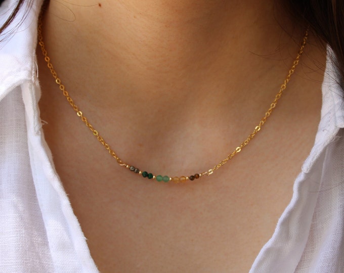 Necklace for abundance and prosperity. Tiger's eye, citrine, green aventurine, malachite and pyrite. Gold filled/sterling silver