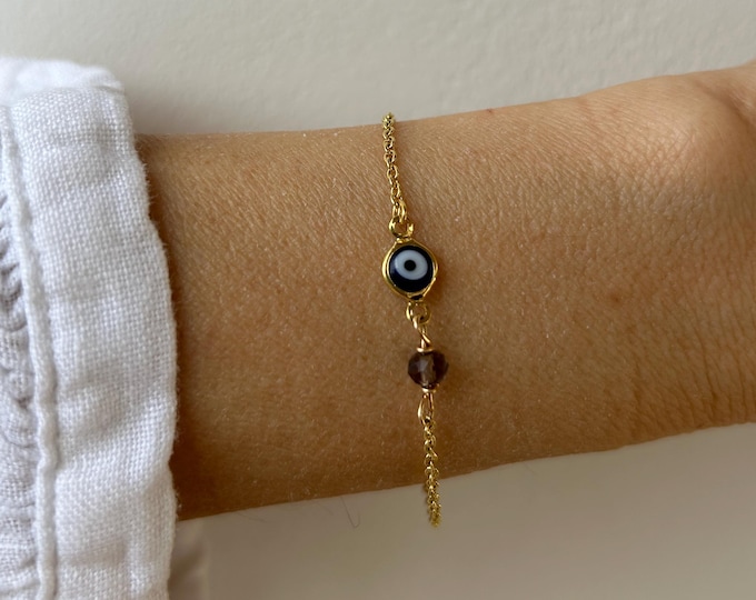 Gold Filled Evil Eye Bracelet: Smoky Quartz, Protection Jewelry. Stainless steel