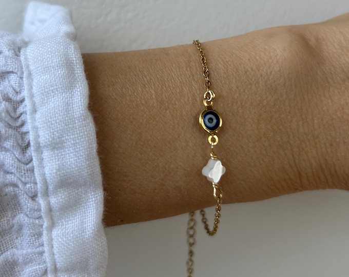 Gold Filled Evil Eye Bracelet: Mother of Pearl Four Leaf Clover. Bracelet for luck and protection. Gold and silver stainless steel.