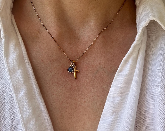 Gold Cross and Evil Eye Necklace, Stainless Steel Protection Pendant