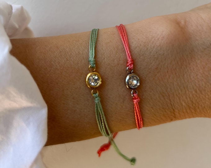 Solitaire cord bracelet. Stainless steel rhinestone charm.  Diamond friendship string bracelet.