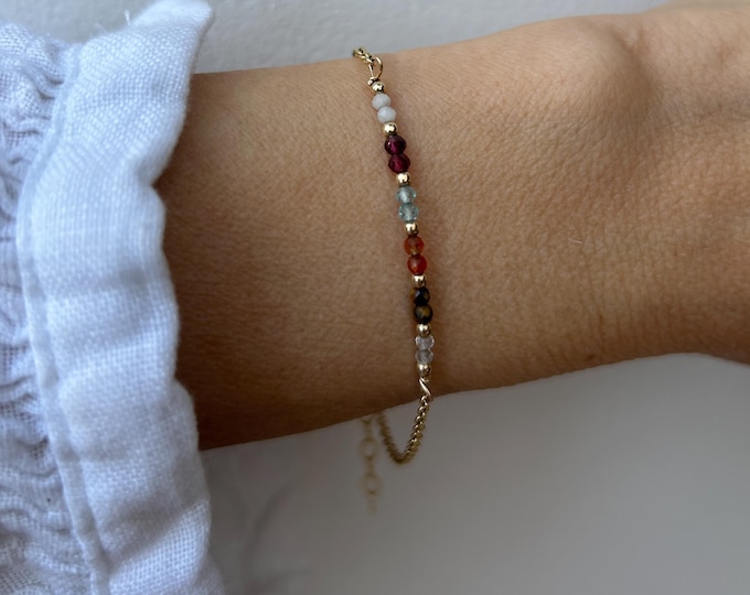 Bracelet for motivation.  Selenite, garnet, apatite, carnelian, tiger's eye, clear quartz. Gold filled/sterling silver