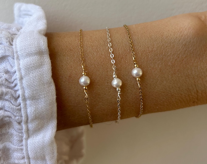 Dainty Pearl Bracelet: 14k Gold Filled or Sterling Silver. Stainless steel. Bridal jewelry