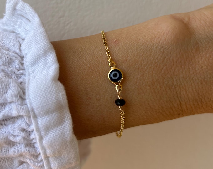 Gold Filled Evil Eye Bracelet.  Black Tourmaline Protection bracelet. Gold, silver stainless steel chain.