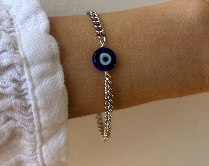 Blue Evil Eye Bracelet: Stainless Steel Chain Protection Jewelry