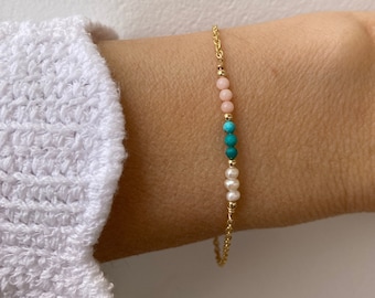 Turquoise, coral and pearl bracelet. Turquoise and pink coral. Summer stacking bracelet. Gold filled/sterling silver