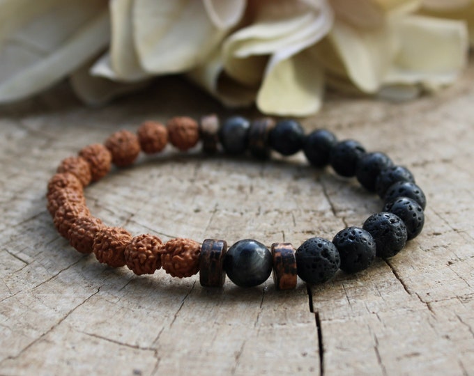 Rudraksha, lava rock and larvikite mala bracelet. Sacred rudraksha bracelet. Protection, grounding. Stretch bracelet men.