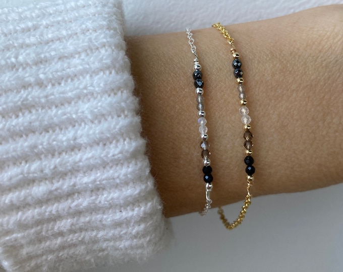 Empath protection bracelet. Black tourmaline, smoky quartz, moonstone, labradorite, hematite.  Gold filled, sterling silver