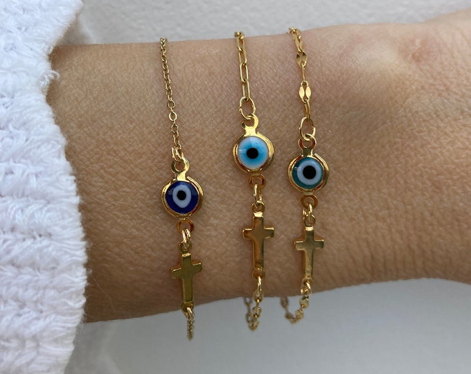 Evil eye bracelet with sideways cross. Greek mati and cross bracelet. Protection.