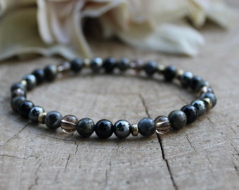 Empath protection bracelet for men. Black tourmaline, hematite, smoky quartz,  larvikite (black moonstone) and pyrite. 6mm beads.