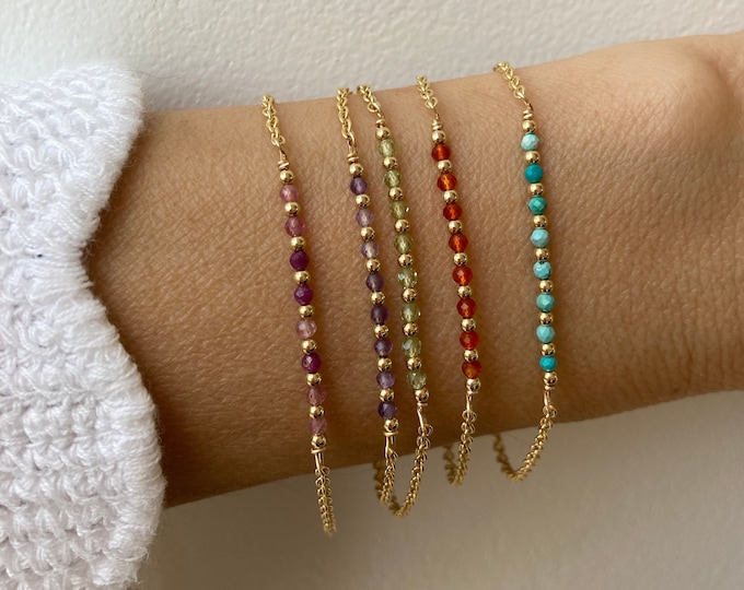 Dainty beaded gemstone bracelet. Gold filled/sterling silver. Black tourmaline, carnelian, citrine, pearl, amethyst (39 options)